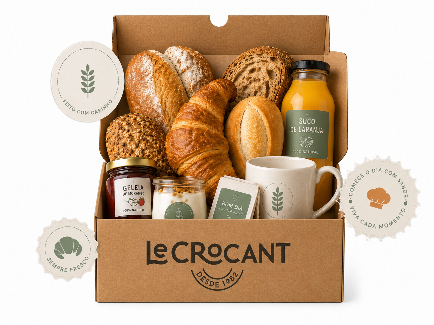 Caixa de café da manhã Lecrocant com pães frescos, croissant, suco e geleia